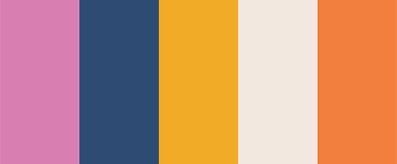 Палітра у стилі ретро, де переплітаються круті відтінки помаранчевого, жовтого та блакитного кольорів.
