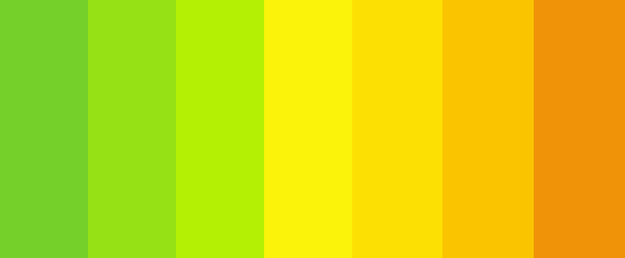 Уявіть, що ця палітра - ваш куточок літа, де сім відтінків зеленого змішуються з помаранчевим і жовтим, немов яскравий сонце, щоб весело оживити ваш проект.